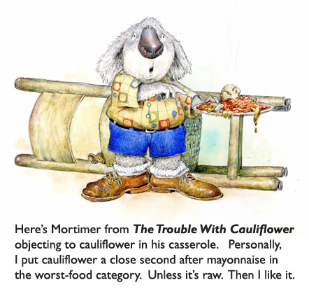 Mort the Koala wants to know, ‘Does This Have Cauliflower?’  Original art from The Trouble With Cauliflower children’s book illustrated by Jim Harris.